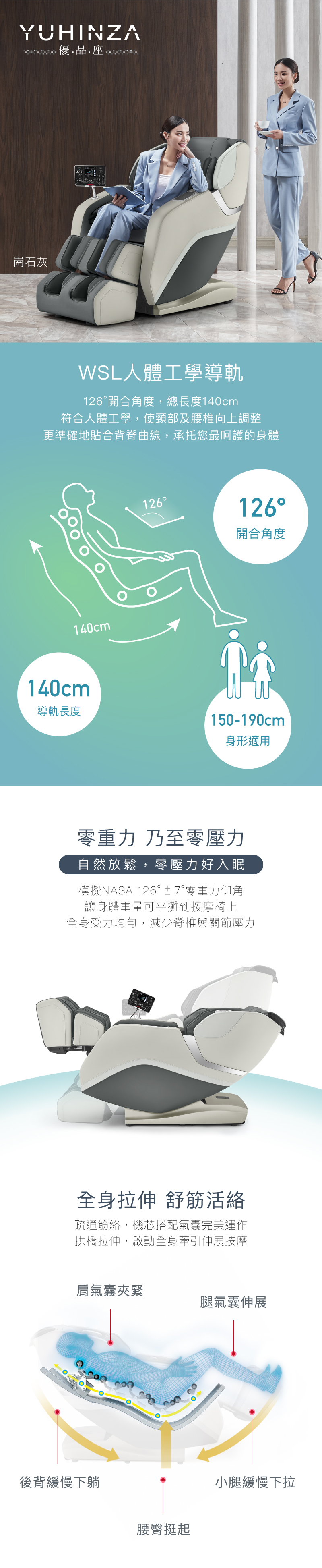 A375按摩椅 WSL人體工學導軌 準確貼合背脊曲線 呵護身體 零重力 自然放鬆零壓力好入眠 身體重量平攤到按摩椅上 減少脊椎與關節壓力 全身拉伸 舒筋活絡 伸展按摩